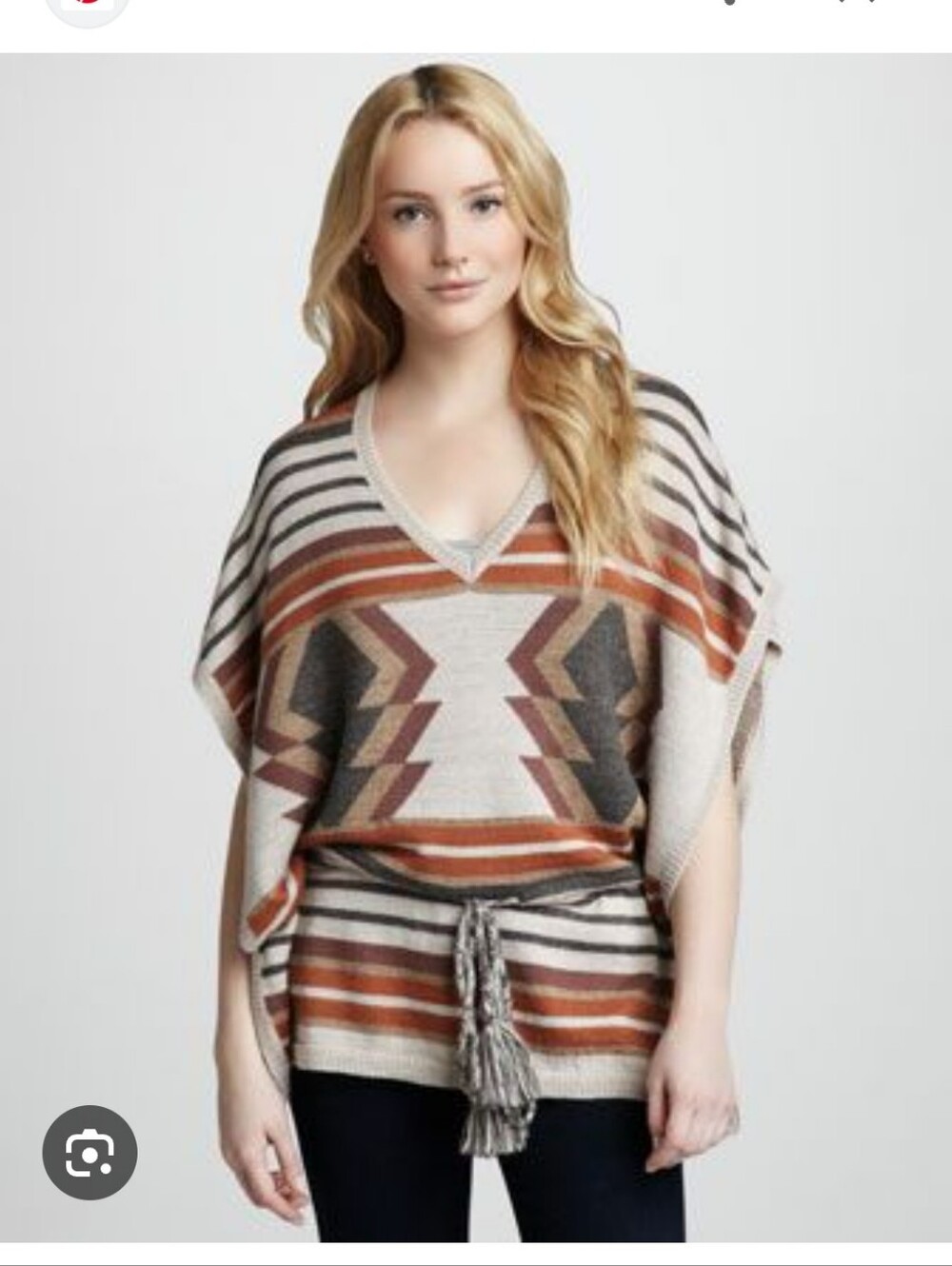 Design History Striped V-Neck Poncho Sweater in Cream, Rust, Gray Size S